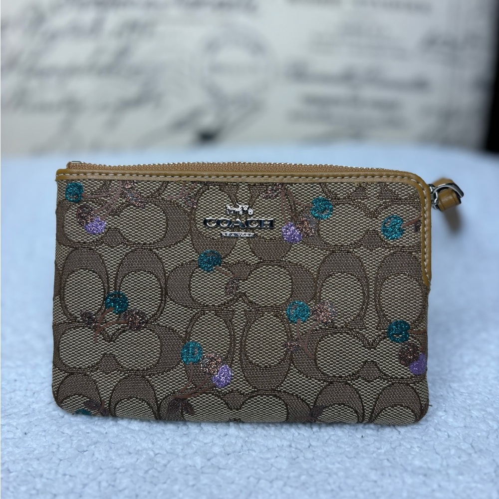 Coach Tan Wristlet with Purple and Teal Accents